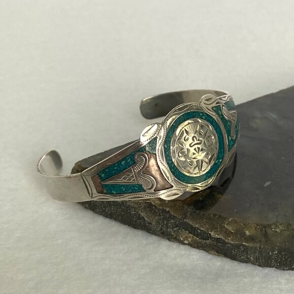 VTG Sterling Silver 925 Mexico Crushed Stone Aztec Cuff Bracelet FLAW Sz 6.25 - Picture 4 of 16